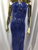 4 Way Stretch Fabric Design - Royal Blue - Fancy Net Sequins Design Fabric By Yard