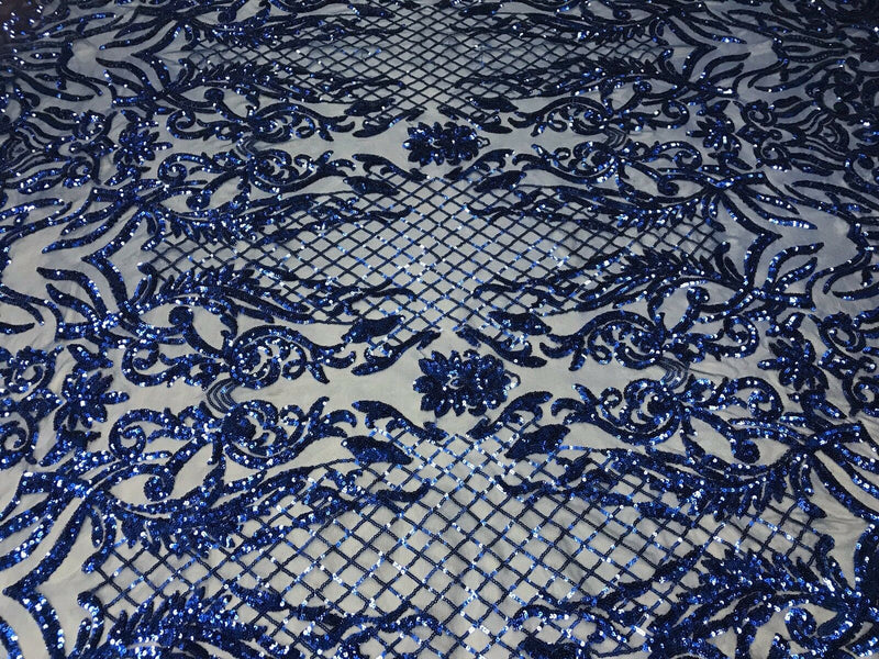 4 Way Stretch Fabric Design - Royal Blue - Fancy Net Sequins Design Fabric By Yard