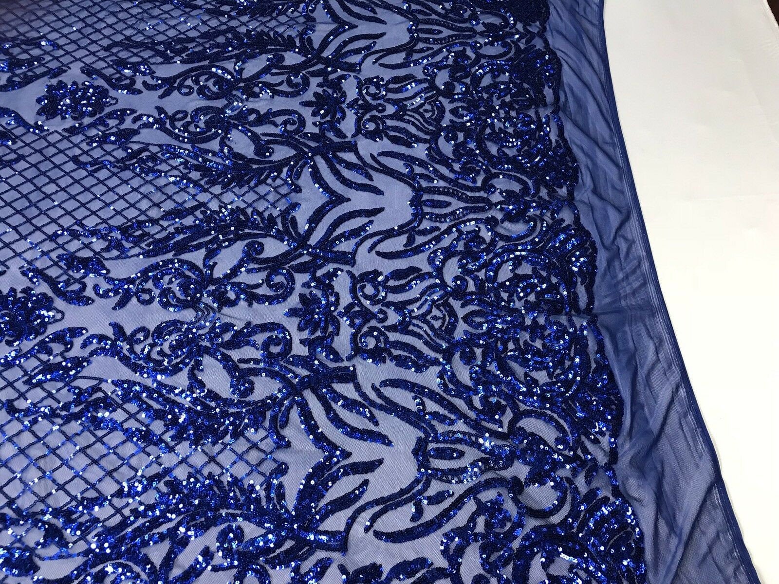 4 Way Stretch Fabric Design - Royal Blue - Fancy Net Sequins Design Fa