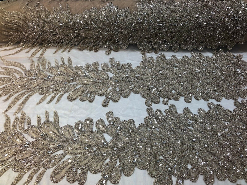 Fancy Beaded Fabric Champagne - Embroidery Beads Mesh Fabric - Prom-Gown-Dress Sold By 2 Reathers