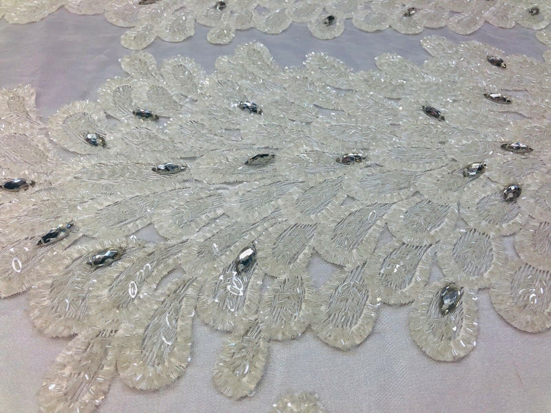 Fancy Beaded Fabric White - Embroidery Beads Mesh Fabric - Prom-Gown-Dress Sold By 2 Reathers