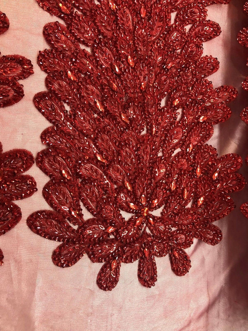 Fancy Beaded Fabric Red - Embroidery Beads Mesh Fabric - Prom-Gown-Dress Sold By 2 Reathers