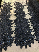 Fancy Beaded Fabric Navy - Embroidery Beads Mesh Fabric - Prom-Gown-Dress Sold By 2 Reathers