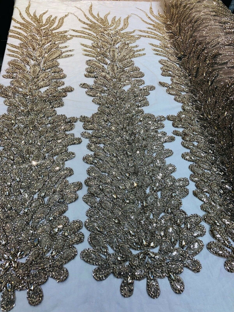 Fancy Beaded Fabric Gold - Embroidery Beads Mesh Fabric - Prom-Gown-Dress Sold By 2 Reathers