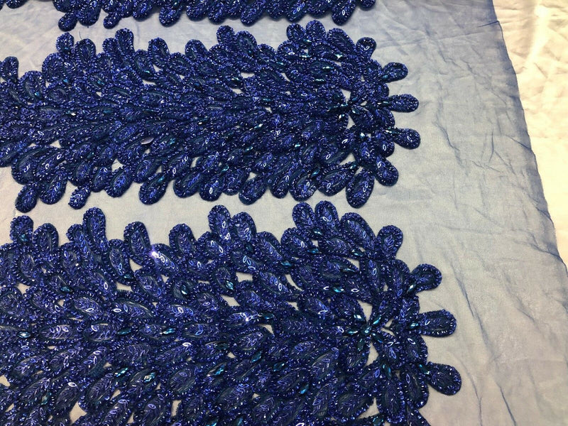 Fancy Beaded Fabric Royal Blue - Embroidery Beads Mesh Fabric - Prom-Gown-Dress Sold By 2 Reathers