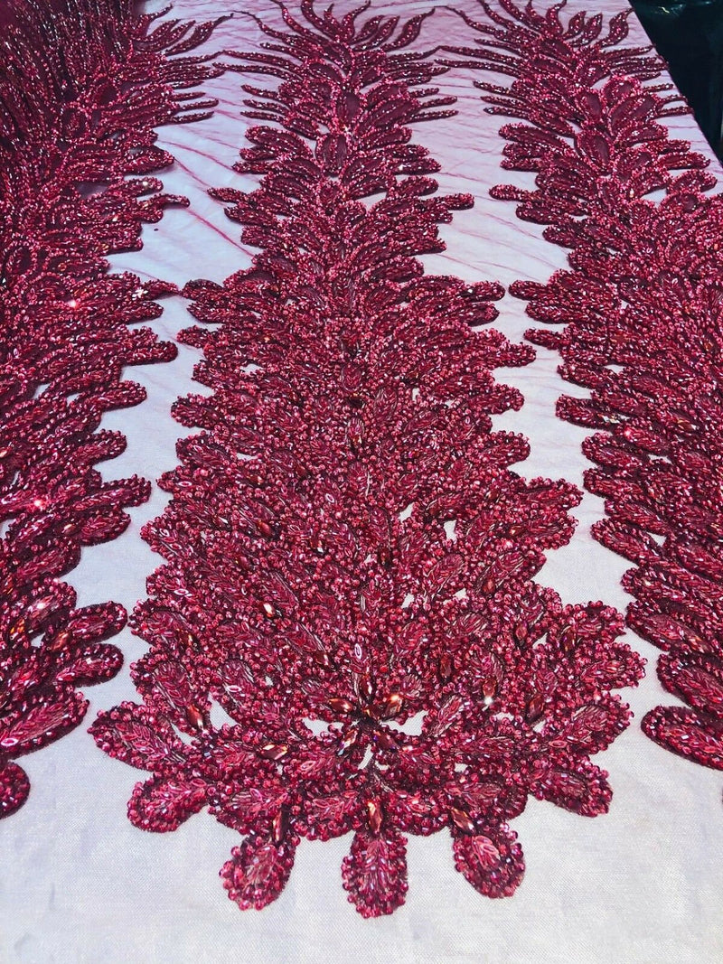 Fancy Beaded Fabric Burgundy - Embroidery Beads Mesh Fabric - Prom-Gown-Dress Sold By 2 Reathers