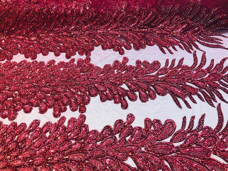 Fancy Beaded Fabric Burgundy - Embroidery Beads Mesh Fabric - Prom-Gown-Dress Sold By 2 Reathers