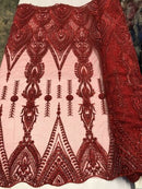 Red Beaded Embroidered Fancy Damask Spikes Pattern Fabric - Embroidery Fabric Beaded Mesh Material Sold in Many Colors by The Yard