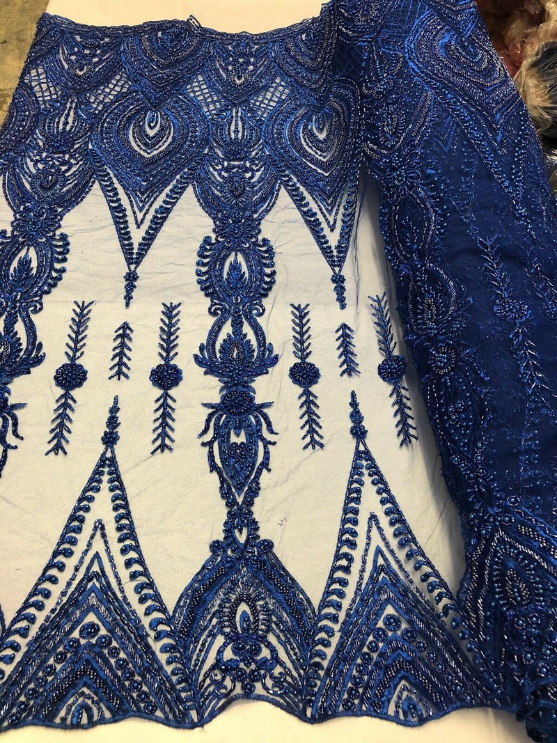 Royal Blue Beaded Embroidered Fancy Damask Spikes Pattern Fabric - Embroidery Fabric Beaded Mesh Material Sold in Many Colors by The Yard