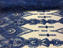 Royal Blue Beaded Embroidered Fancy Damask Spikes Pattern Fabric - Embroidery Fabric Beaded Mesh Material Sold in Many Colors by The Yard