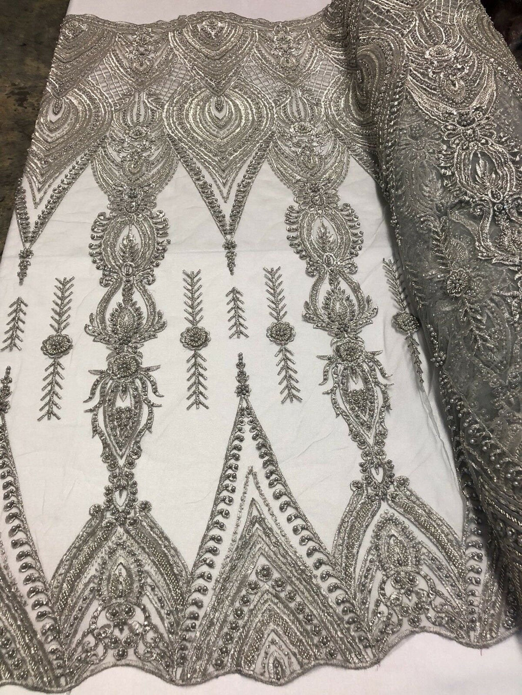 Silver Beaded Embroidered Fancy Damask Spikes Pattern Fabric - Embroid
