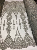 Silver Beaded Embroidered Fancy Damask Spikes Pattern Fabric - Embroidery Fabric Beaded Mesh Material Sold in Many Colors by The Yard