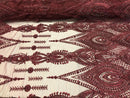 Burgundy Beaded Embroidered Fancy Damask Spikes Pattern Fabric - Embroidery Fabric Beaded Mesh Material Sold in Many Colors by The Yard