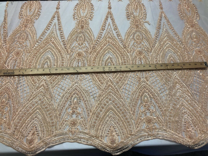 Peach Beaded Embroidered Fancy Damask Spikes Pattern Fabric - Embroidery Fabric Beaded Mesh Material Sold in Many Colors by The Yard