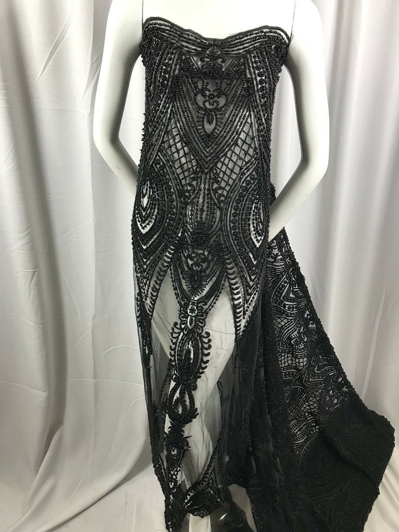 Black Beaded Embroidered Fancy Damask Spikes Pattern Fabric - Embroidery Fabric Beaded Mesh Material Sold in Many Colors by The Yard