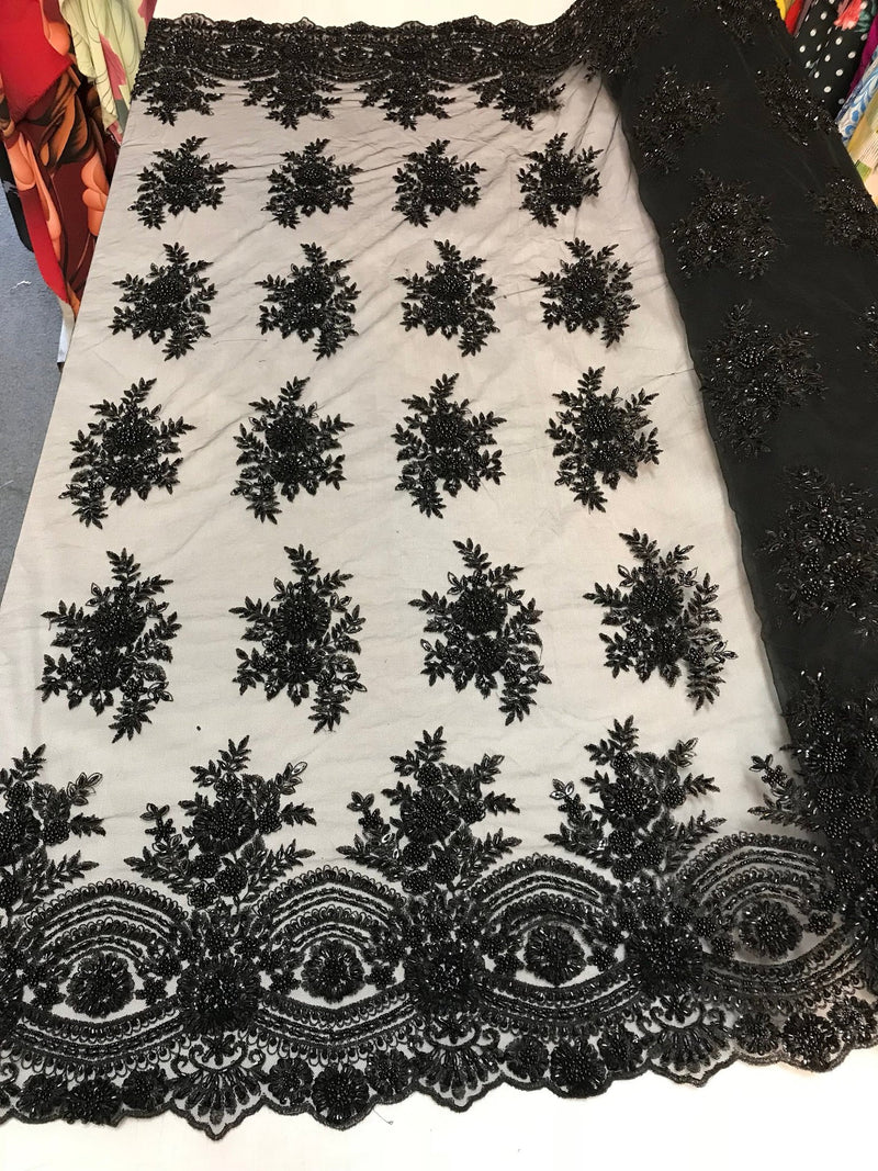 Black Hand Beaded Lace, Embroidered Floral Design Fancy Sequins Fabric with Beads Sold in Many Colors By The Yard
