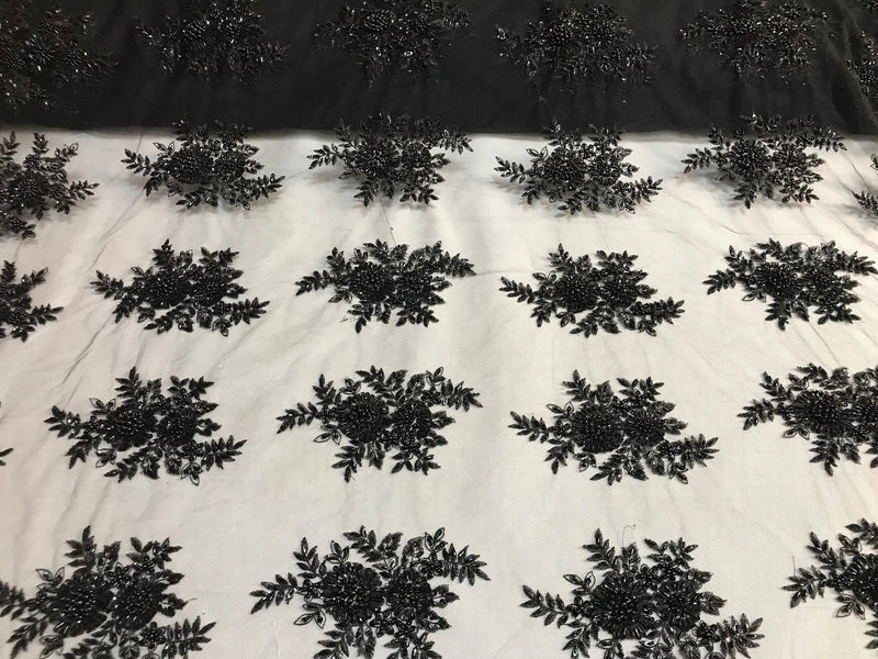 Black Hand Beaded Lace, Embroidered Floral Design Fancy Sequins Fabric with Beads Sold in Many Colors By The Yard