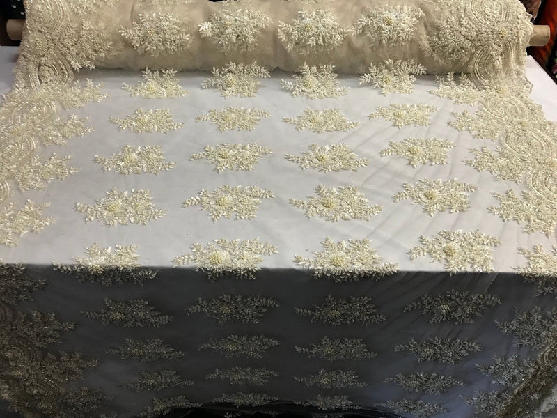 Cream/ivory Mesh Hand Beaded Lace, Embroidered Floral Design Fancy Sequins Fabric with Beads Sold in Many Colors By The Yard