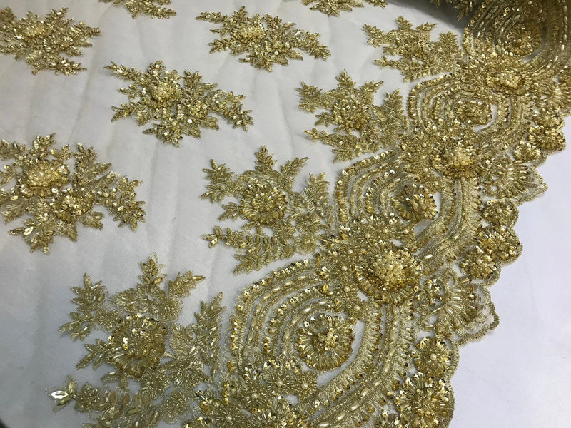 Gold Hand Beaded Lace, Embroidered Floral Design Fancy Sequins Fabric with Beads Sold in Many Colors By The Yard