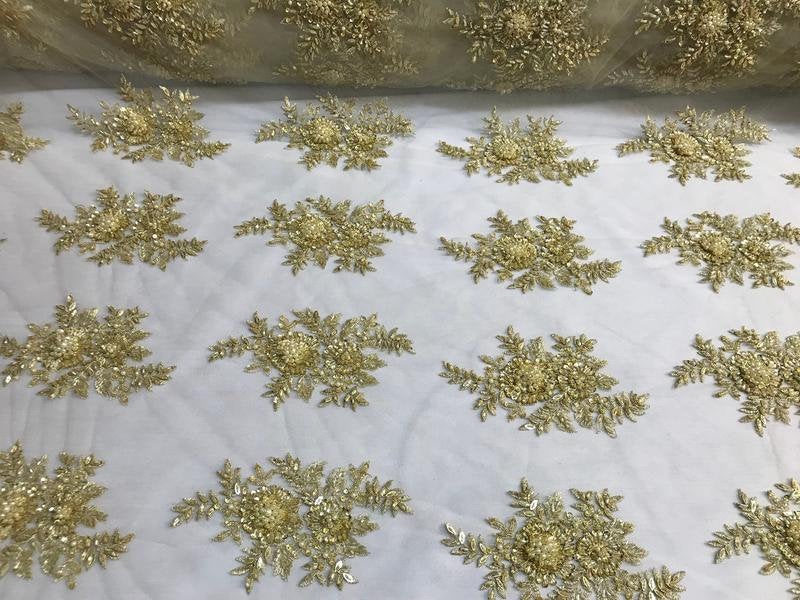 Gold Hand Beaded Lace, Embroidered Floral Design Fancy Sequins Fabric with Beads Sold in Many Colors By The Yard
