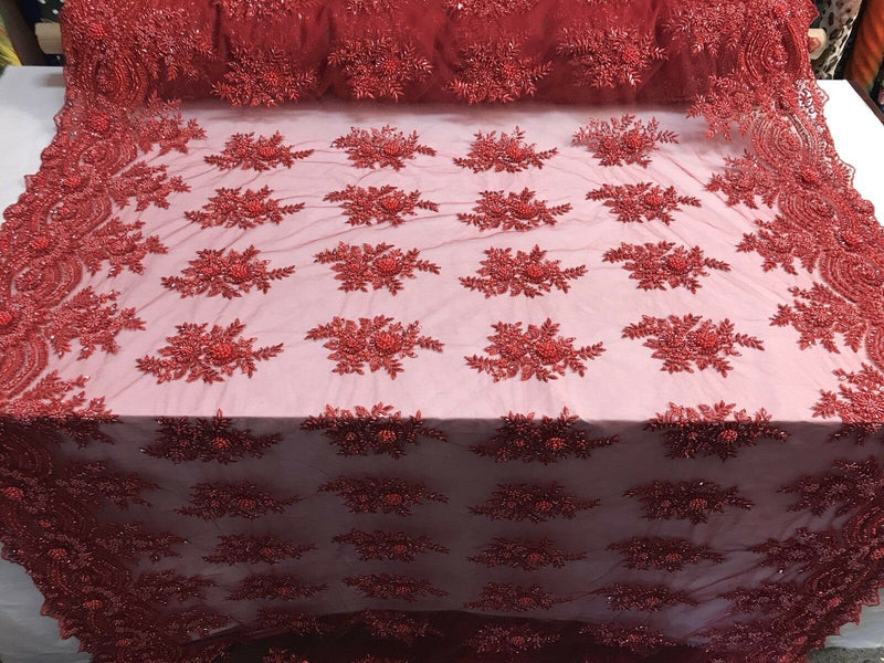 Red Hand Beaded Lace, Embroidered Floral Design Fancy Sequins Fabric with Beads Sold in Many Colors By The Yard