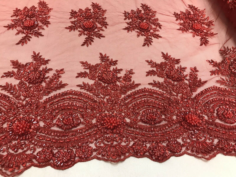 Red Hand Beaded Lace, Embroidered Floral Design Fancy Sequins Fabric with Beads Sold in Many Colors By The Yard