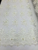 Off White Hand Beaded Lace, Embroidered Floral Design Fancy Sequins Fabric with Beads Sold in Many Colors By The Yard