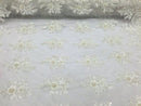 Off White Hand Beaded Lace, Embroidered Floral Design Fancy Sequins Fabric with Beads Sold in Many Colors By The Yard