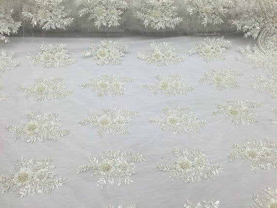 Of White Hand Beaded Lace, Embroidered Floral Design Fancy Sequins Fabric with Beads Sold in Many Colors By The Yard