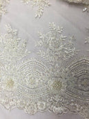 Off White Hand Beaded Lace, Embroidered Floral Design Fancy Sequins Fabric with Beads Sold in Many Colors By The Yard