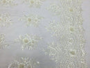 Off White Hand Beaded Lace, Embroidered Floral Design Fancy Sequins Fabric with Beads Sold in Many Colors By The Yard