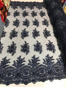 Navy Hand Beaded Lace, Embroidered Floral Design Fancy Sequins Fabric with Beads Sold in Many Colors By The Yard