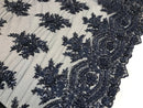 Navy Hand Beaded Lace, Embroidered Floral Design Fancy Sequins Fabric with Beads Sold in Many Colors By The Yard