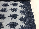 Navy Hand Beaded Lace, Embroidered Floral Design Fancy Sequins Fabric with Beads Sold in Many Colors By The Yard