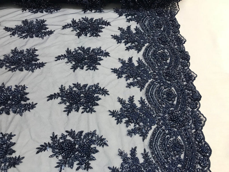 Navy Hand Beaded Lace, Embroidered Floral Design Fancy Sequins Fabric with Beads Sold in Many Colors By The Yard