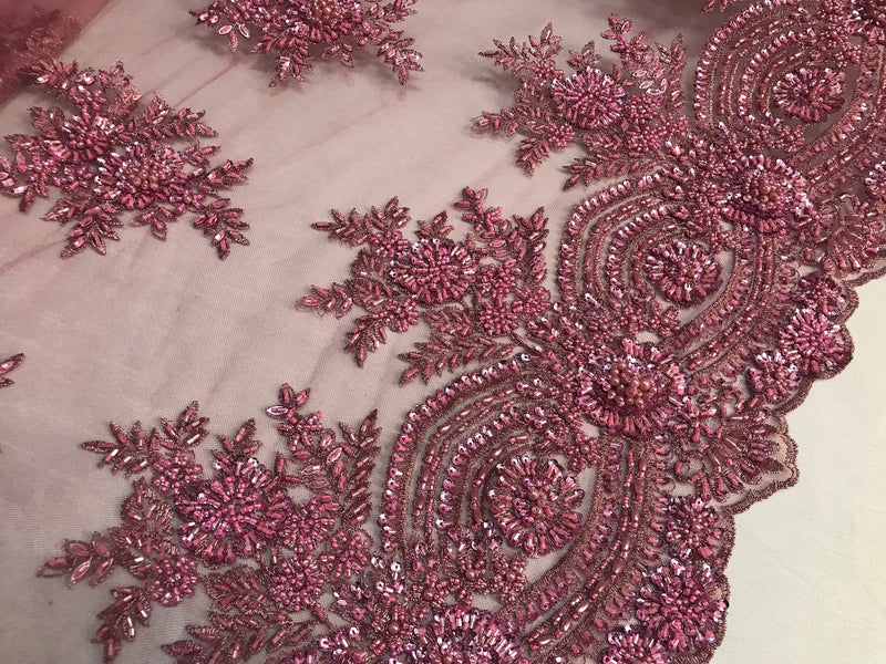 Dusty Rose Hand Beaded Lace, Embroidered Floral Design Fancy Sequins Fabric with Beads Sold in Many Colors By The Yard