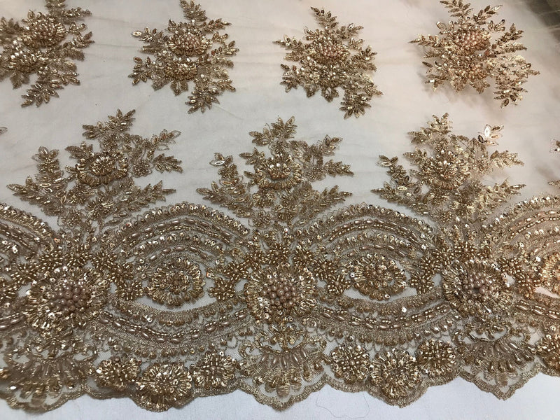 Skin Hand Beaded Lace, Embroidered Floral Design Fancy Sequins Fabric with Beads Sold in Many Colors By The Yard