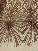 Rose Gold Sequins Lace Fabric On a Mesh, Geometric Design Embroidered On 4 way Stretch Sequin By The Yard -Prom-Gown ( Choose The Size )