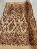 Rose Gold Sequins Lace Fabric On a Mesh, Geometric Design Embroidered On 4 way Stretch Sequin By The Yard -Prom-Gown ( Choose The Size )