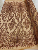Rose Gold Sequins Lace Fabric On a Mesh, Geometric Design Embroidered On 4 way Stretch Sequin By The Yard -Prom-Gown ( Choose The Size )