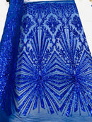 Royal Blue Sequins Lace Fabric On a Mesh, Geometric Design Embroidered On 4 way Stretch Sequin By The Yard -Prom-Gown ( Choose The Size )
