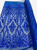 Royal Blue Sequins Lace Fabric On a Mesh, Geometric Design Embroidered On 4 way Stretch Sequin By The Yard -Prom-Gown ( Choose The Size )