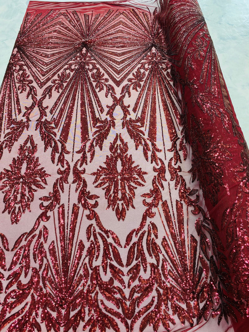 Burgundy Sequins Lace Fabric On a Mesh, Geometric Design Embroidered On 4 way Stretch Sequin By The Yard -Prom-Gown ( Choose The Size )