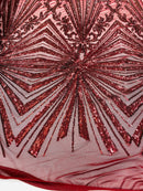 Burgundy Sequins Lace Fabric On a Mesh, Geometric Design Embroidered On 4 way Stretch Sequin By The Yard -Prom-Gown ( Choose The Size )