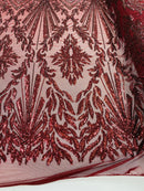 Burgundy Sequins Lace Fabric On a Mesh, Geometric Design Embroidered On 4 way Stretch Sequin By The Yard -Prom-Gown ( Choose The Size )