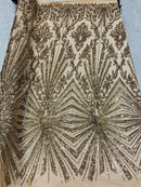 Gold Sequins Lace Fabric On Nude Mesh, Geometric Design Embroidered On 4 way Stretch Sequin By The Yard -Prom-Gown ( Choose The Size )