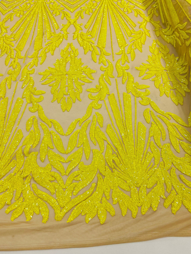Yellow Sequins Lace Fabric On Nude Mesh, Geometric Design Embroidered On 4 way Stretch Sequin By The Yard -Prom-Gown ( Choose The Size )