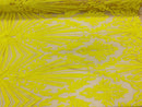 Yellow Sequins Lace Fabric On Nude Mesh, Geometric Design Embroidered On 4 way Stretch Sequin By The Yard -Prom-Gown ( Choose The Size )