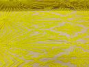 Yellow Sequins Lace Fabric On Nude Mesh, Geometric Design Embroidered On 4 way Stretch Sequin By The Yard -Prom-Gown ( Choose The Size )