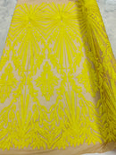Yellow Sequins Lace Fabric On Nude Mesh, Geometric Design Embroidered On 4 way Stretch Sequin By The Yard -Prom-Gown ( Choose The Size )